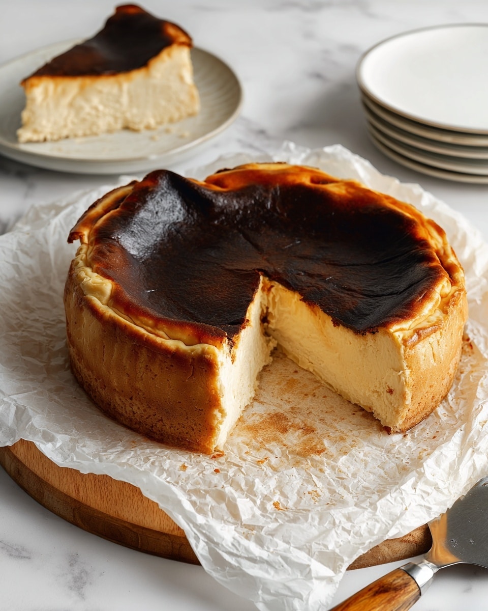 A round cheesecake sits on crumpled white baking paper on a wooden board, showing a thick, creamy, pale yellow layer inside. The cheesecake has a dark brown, almost black, burnt top layer covering the whole top surface, while the crust around the edge is golden brown and looks soft and slightly wrinkled. A large slice is missing, showing the smooth inside texture. Behind the cheesecake, a white plate holds the removed slice, placed on a white marbled surface with a small stack of white plates on the right. A metal cake server with a wooden handle rests next to the cheesecake on the board. photo taken with an iphone --ar 4:5 --v 7