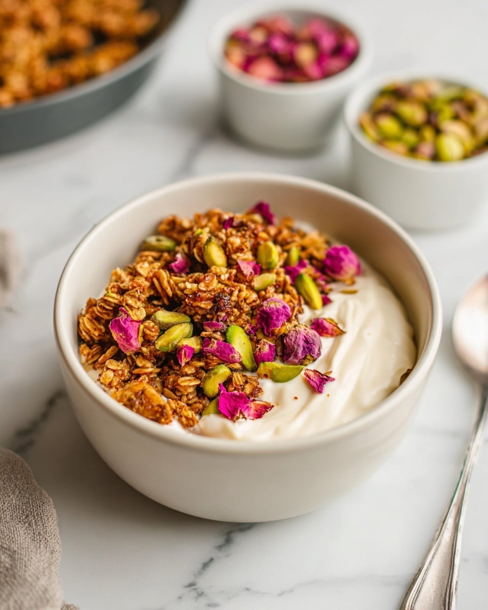A white bowl holds a dish with three clear layers: the bottom layer is smooth, creamy white yogurt, topped with a thick layer of golden-brown granola clusters mixed with bright green pistachios and sprinkled with small dark pink rose petals. The bowl sits on a white marbled surface with a metal spoon lying nearby. In the background, there are two small white bowls, one filled with pink rose petals and the other with green pistachios, slightly out of focus. photo taken with an iphone --ar 4:5 --v 7