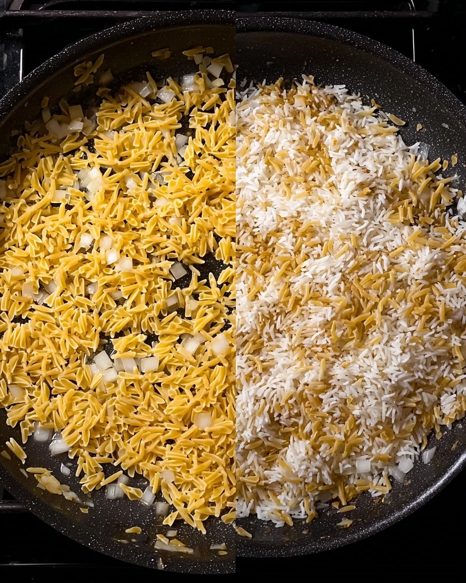 The image shows two black pans side by side, each filled with a mixture of small yellow pasta pieces and chopped onions. The pan on the left has the pasta and onions lightly cooked, with the pasta a soft yellow and the onions translucent white. The pan on the right also contains long grain white rice mixed with the same yellow pasta and onions, with the rice grains beginning to turn slightly golden and the onions still visible in small white pieces. The pans are on a stove with a dark surface underneath, and the lighting highlights the texture of the pasta and onions well. photo taken with an iphone --ar 4:5 --v 7