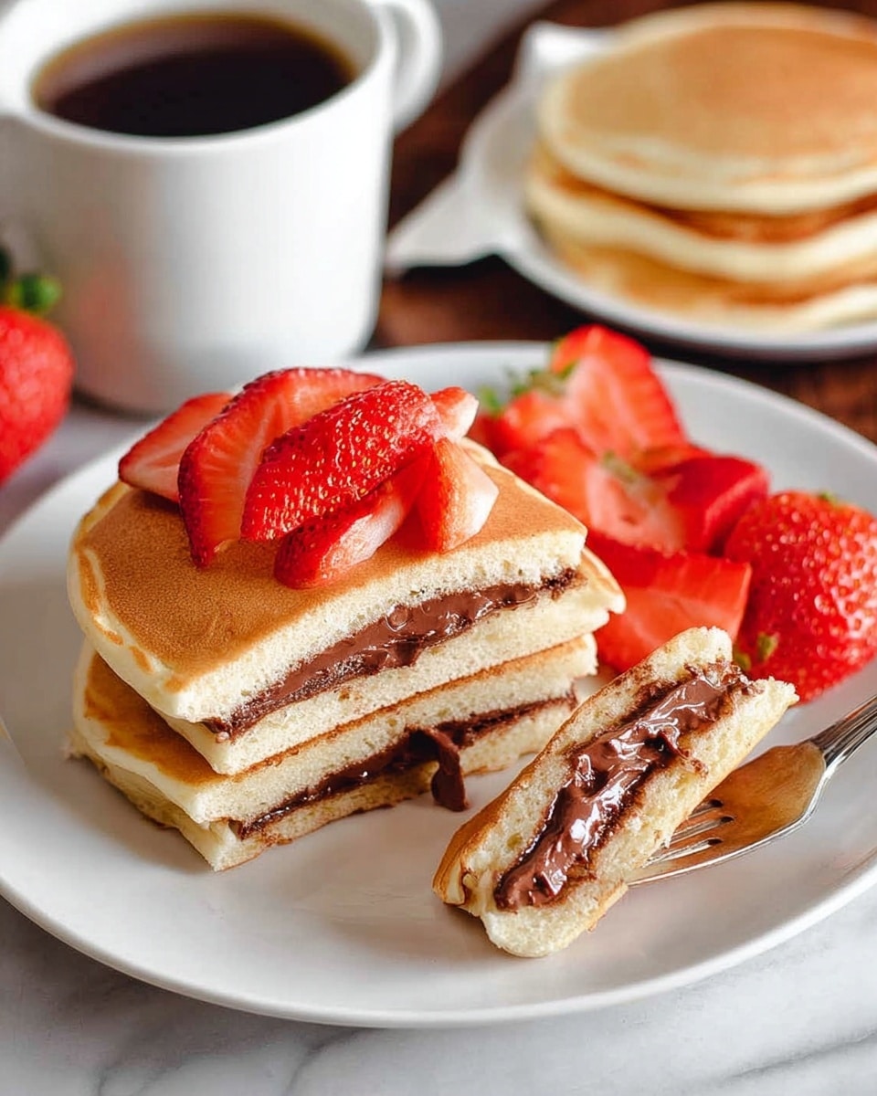 A white plate holds three golden brown pancakes with smooth, soft textures. Two of the pancakes are stacked on top of each other, with a visible dark chocolate spread layer inside each pancake layer. On top of the stack, several bright red sliced strawberries lay, adding a fresh, juicy look. A third pancake lies flat on the plate beside the stack, also showing the chocolate spread inside. More sliced strawberries rest beside this pancake. A fork holding a piece of one pancake with chocolate filling is placed near the right edge of the plate. In the background, a white cup filled with dark coffee and a small white pitcher sit on a white marbled surface. photo taken with an iphone --ar 4:5 --v 7