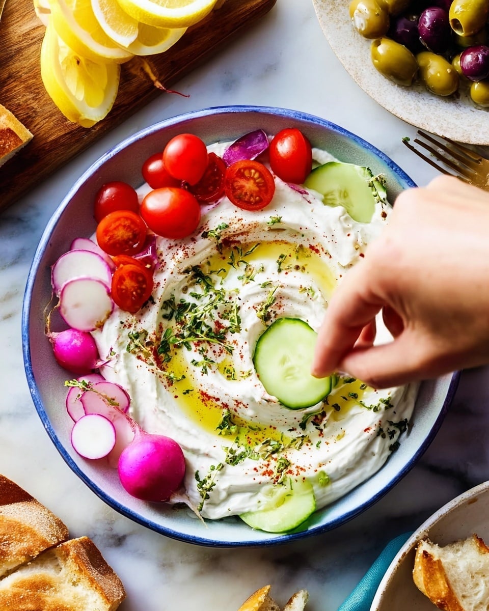 A white plate with a swirl of white creamy dip in the center, topped with green herbs, red spices, and a drizzle of yellow olive oil. Around the dip, there are bright red and purple cherry tomatoes, pink and white radishes sliced in half, and light green cucumber slices. A woman's hand is dipping a cucumber slice into the creamy dip. The plate sits on a white marbled surface with part of a wooden board holding lemon wedges and a golden piece of bread visible at the bottom. Another white plate with olives and a fork is partially seen in the top right corner. photo taken with an iphone --ar 4:5 --v 7