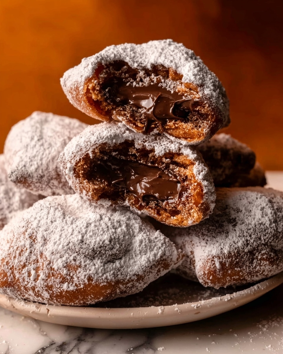 The image shows a stack of dark brown pastries covered with a thick layer of powdered sugar. The top pastry is broken open, revealing a shiny, smooth chocolate filling inside. Each pastry has a soft, fluffy texture with rough edges covered with powdered sugar dusting. The pastries are placed on a white plate on a white marbled surface with warm orange lighting from the background. photo taken with an iphone --ar 4:5 --v 7