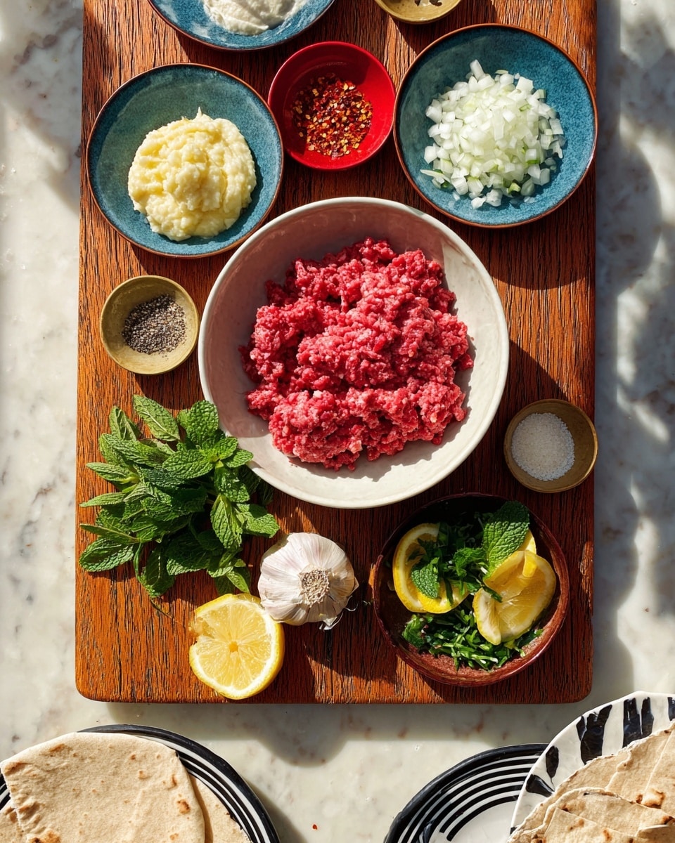 A wooden board sits on a white marbled surface with various small bowls and ingredients arranged neatly. In the center is a white bowl filled with raw red minced meat, showing a rough, soft texture. Above it to the left is a blue bowl with pale yellow mashed garlic and a single whole garlic clove. At the top center is a small red bowl with crushed red chili flakes. To the right of that is another blue bowl with finely chopped white onion. Below the onion, a small tan bowl holds garlic cloves and fresh green mint leaves. At the bottom right on the board, a dark brown bowl contains sliced yellow lemon wedges mixed with fresh green parsley leaves. At the bottom center, a small red bowl is filled with garlic powder, and next to it on the right is a white bowl holding cracked black pepper. Part of a white plate with black stripes is visible at the bottom right corner, holding some folded flatbread pieces. The whole scene is lit naturally, with bright sunlight giving clear, fresh colors. photo taken with an iphone --ar 4:5 --v 7