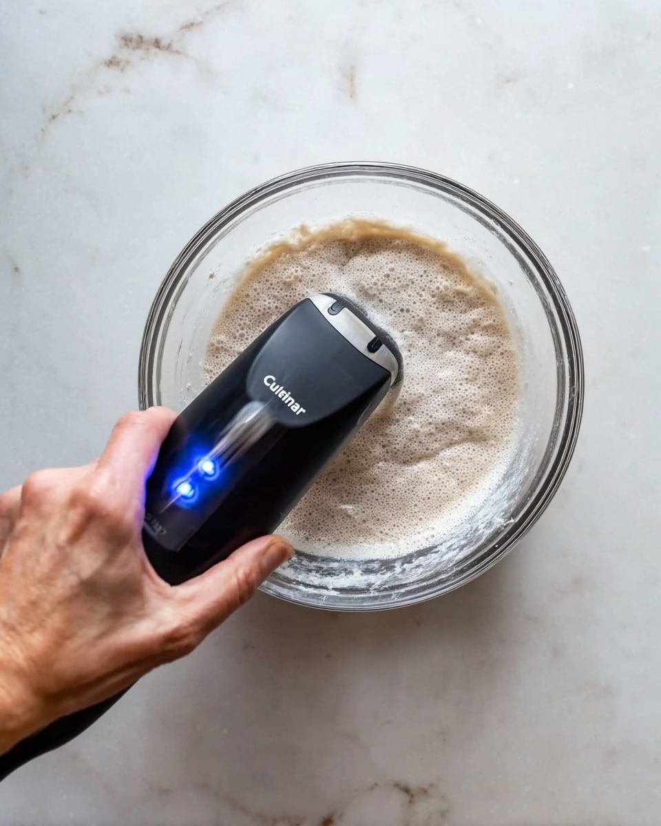 A clear glass bowl with a foamy, light beige mixture inside, being mixed by a black handheld electric mixer with a glowing blue light and the brand name 'Cuisinart' visible on top; a woman's hand is holding the mixer, blending the mixture against a white marbled surface background. Photo taken with an iphone --ar 4:5 --v 7