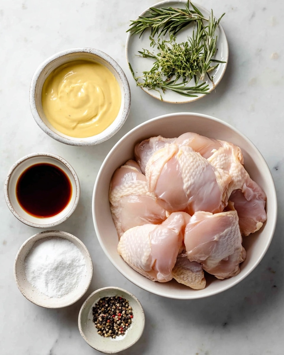 The image shows a white bowl filled with raw, light pink chicken thighs placed at the bottom right corner. Around the bowl, there are five small white bowls containing different ingredients: a creamy yellow mustard sauce in the top left, a dark brown liquid sauce below it, fresh green rosemary sprigs on the top right, a small bowl of white powder (possibly cornstarch) at the bottom left, and a small bowl with a mix of salt and pepper at the bottom center. All bowls are arranged on a white marbled surface. The photo taken with an iphone --ar 4:5 --v 7