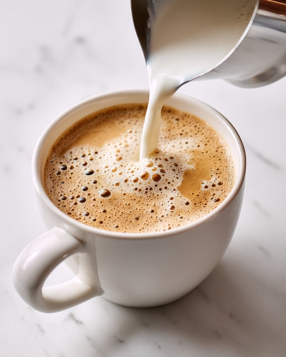 A white ceramic cup filled with light brown coffee topped with a layer of creamy foam. A metal milk frothing pitcher is held above the cup, pouring thick, white frothy milk onto the coffee’s surface. The cup is placed on a white marbled surface, creating a clean and bright background. The image shows the pouring action clearly, with bubbles visible in the milk as it meets the coffee photo taken with an iphone --ar 4:5 --v 7
