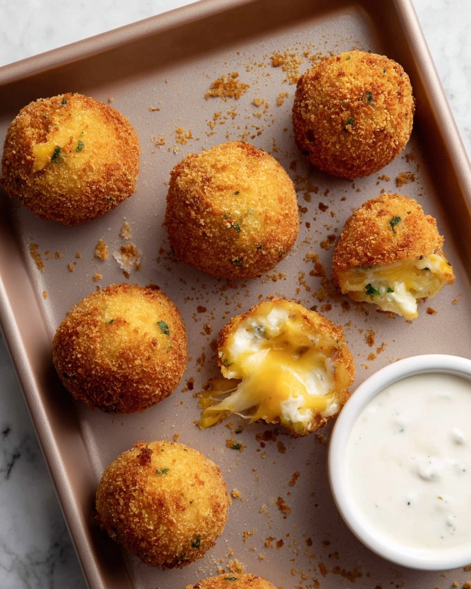 Seven round golden-brown crispy balls with a crunchy texture are placed on a baking tray with a few crumbs scattered around. One ball is broken open, showing a creamy, yellow-orange melted cheese layer mixed with a soft white layer inside, with small green specks. To the right edge of the tray is a white bowl filled with thick white sauce. The tray sits on a white marbled surface. Photo taken with an iphone --ar 4:5 --v 7