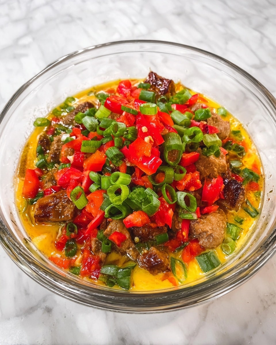 A clear glass bowl sits on a white marbled surface filled with a mixture of three layers: a yellow-orange liquid base, chunks of cooked brown meat scattered through it, and topped with bright red chopped bell peppers and fresh green onion pieces, creating a colorful and textured appearance. photo taken with an iphone --ar 4:5 --v 7