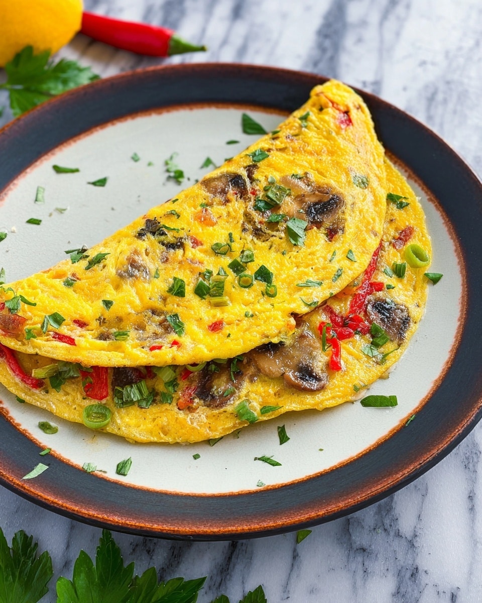 A folded two-layer omelette sits on a white plate with a dark center and brown rim. The omelette’s yellow egg base is filled with green onion pieces, red pepper strips, and brown mushroom slices, with green herbs sprinkled on top and around the plate. The texture is soft and slightly bubbly, showing the cooked vegetables inside. The plate is placed on a white marbled surface, with fresh green parsley leaves near the bottom edge and a red chili pepper and yellow lemon partially visible near the top edges. Photo taken with an iphone --ar 4:5 --v 7