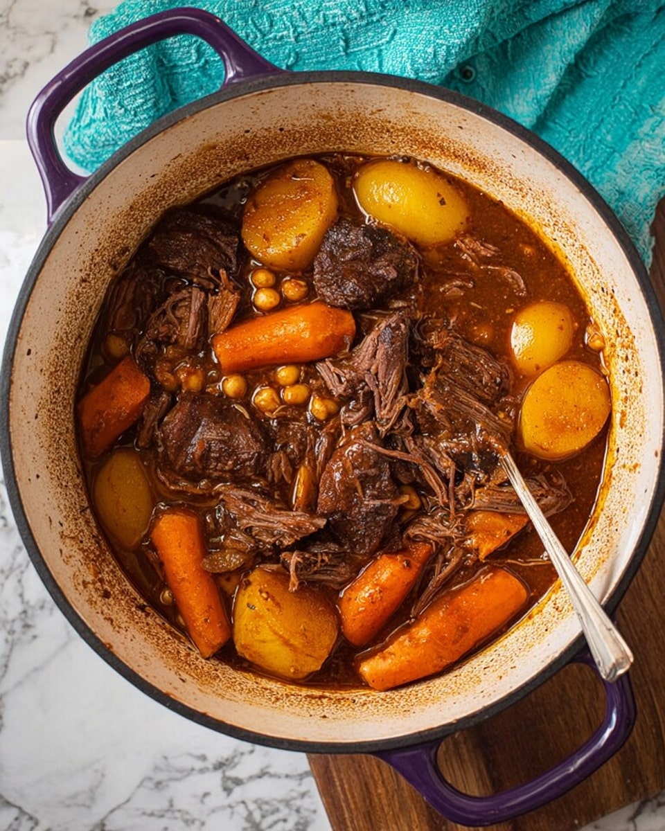 The dish is in a round white pot with purple handles, filled with dark brown chunks of cooked meat in the center, surrounded by thick slices of yellow potatoes and orange sweet potatoes, along with some chickpeas scattered around. The meat appears tender and shredded, sitting in a rich, glossy brown sauce that coats all ingredients. The inside rim of the pot shows splashes of the sauce, giving a cooked and hearty look. A silver spoon rests inside the pot, partially submerged in the stew, and a turquoise cloth lays partially visible in the top left corner against a white marbled surface. Photo taken with an iphone --ar 4:5 --v 7