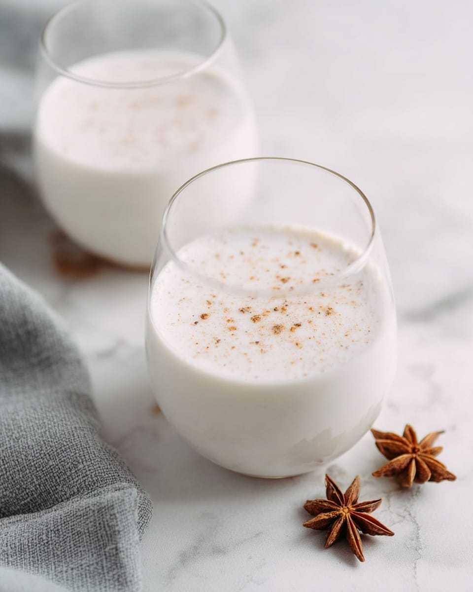 The image shows two round glasses filled with a smooth white creamy drink. Each glass has small brown specks sprinkled lightly on top, giving a touch of texture to the otherwise plain, white surface. The glasses are placed on a white marbled surface, with one glass closer to the front and the other slightly blurred in the background. Near the back glass, there are two star-shaped brown spice decorations resting on the surface. A soft, folded gray cloth lies to the left side of the front glass. The overall look is clean, simple, and fresh with soft, natural lighting. photo taken with an iphone --ar 4:5 --v 7