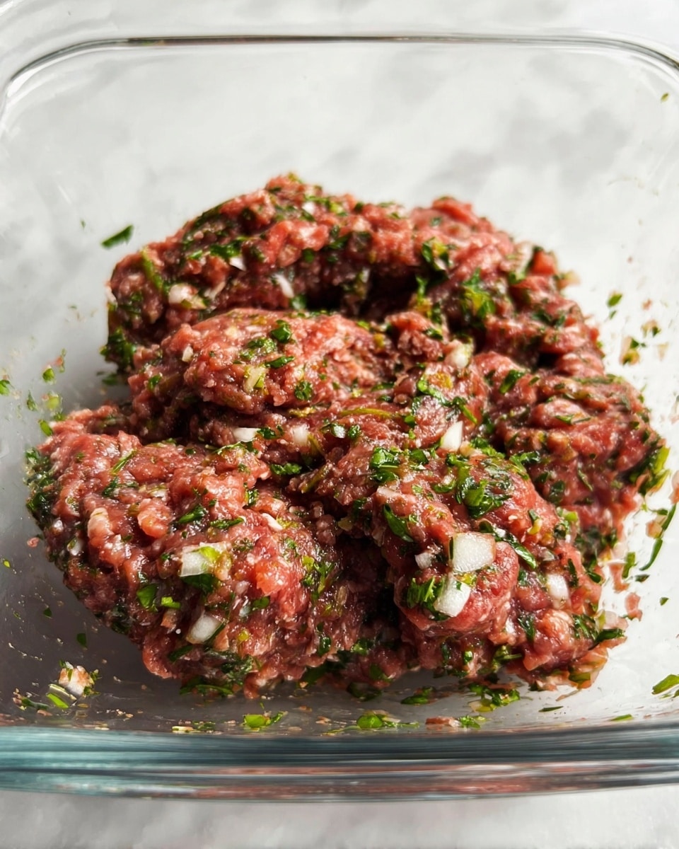 A close-up view of a glass dish filled with raw mixed ground meat combined with chopped green herbs and small pieces of white onion. The meat mixture has a reddish-brown color with green and white specks evenly spread throughout. The texture looks soft and sticky, with the meat loosely piled in the center of the dish, resting on a white marbled surface. Photo taken with an iphone --ar 4:5 --v 7