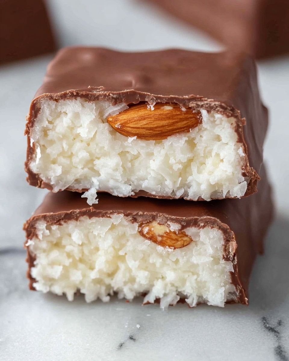 The image shows two pieces of a candy bar stacked on top of each other on a white marbled surface. Each piece has three layers: the top and bottom are thick, smooth milk chocolate with a slight shine, covering the sides and top. The middle layer is white and crumbly, with a rough texture, resembling a coconut filling. A single almond is visible embedded in the middle layer near the top edge of each piece. The lighting highlights the textures and colors clearly, showing the contrast between the creamy white inside and the glossy brown chocolate outside. Photo taken with an iphone --ar 4:5 --v 7