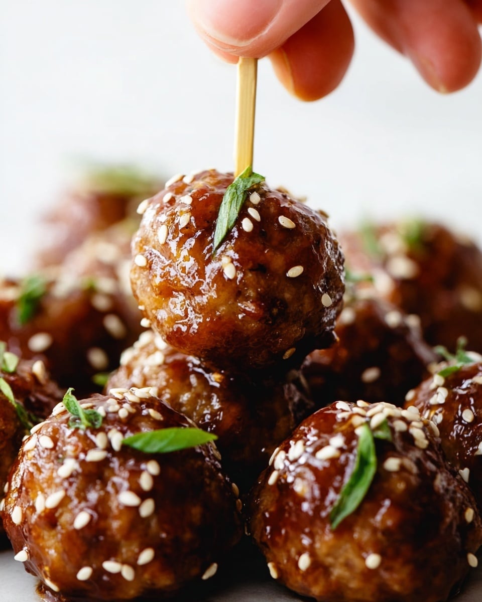 The image shows a close-up view of several round meatballs covered in a glossy, brown sauce, each sprinkled with white sesame seeds and small green herb leaves. One meatball is lifted above the others by a woman's hand holding a toothpick stuck into the top. The meatballs have a shiny and slightly textured surface with a rich glaze that catches the light. They are all grouped closely together on a white marbled surface, giving a fresh and appetizing look. Photo taken with an iphone --ar 4:5 --v 7