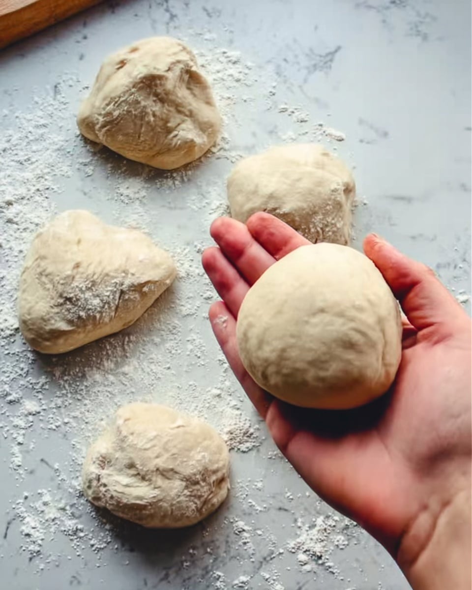 A woman's hand is holding a smooth, round piece of dough. Around it, on a white marbled surface lightly dusted with flour, there are five other pieces of dough arranged loosely spaced. Each dough piece has a rough, uneven shape and a pale beige color. The scene shows a simple preparation stage with soft lighting. Photo taken with an iphone --ar 4:5 --v 7