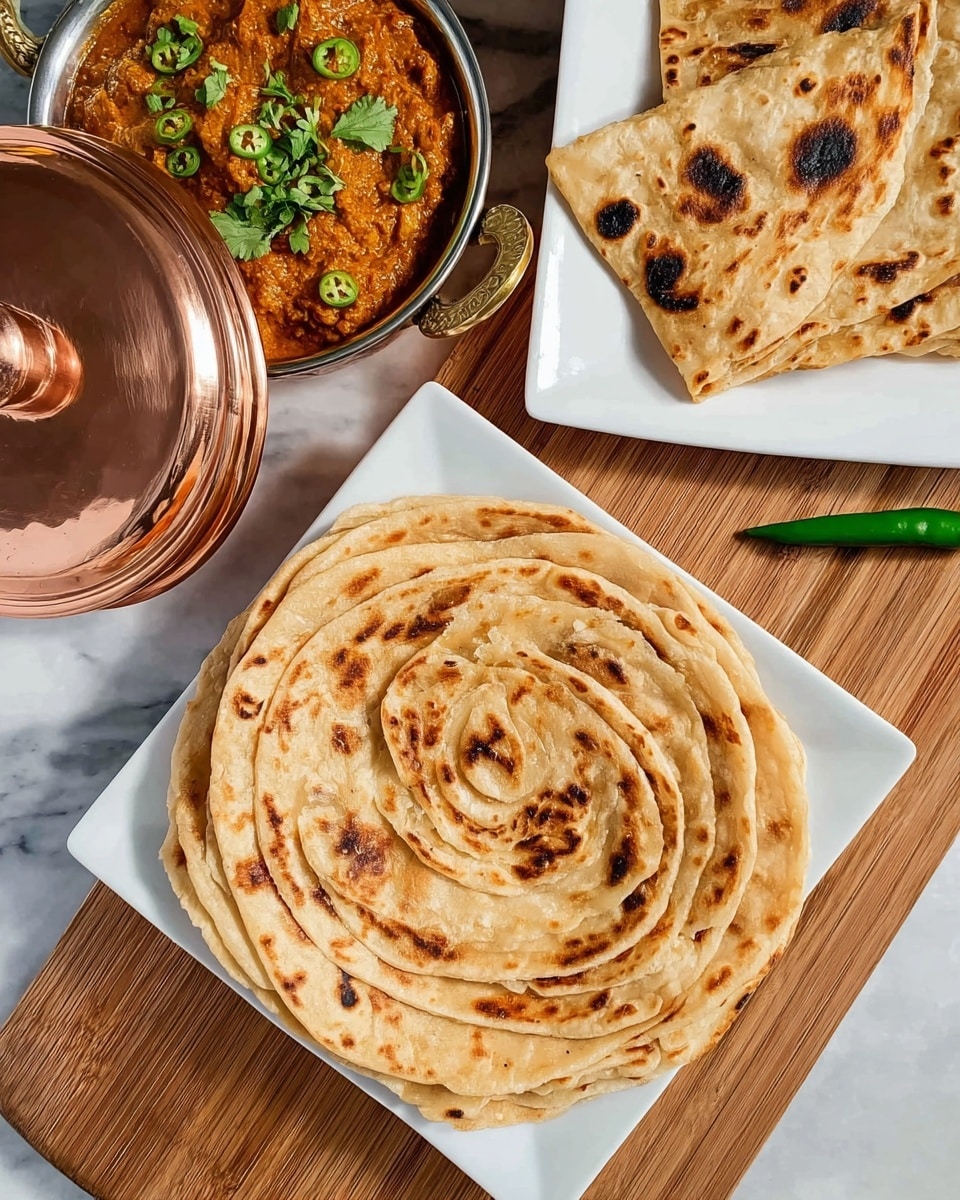 The image shows a white square plate on a white marbled surface with several layers of round flatbread stacked in a spiral pattern, each layer light tan with darker brown spots and a slightly crisp texture. To the upper left, there is a copper bowl partially covered with a lid, filled with a rich orange-brown curry topped with small slices of green chili and fresh cilantro. At the top right, a white square plate holds folded pieces of flatbread that are similarly light brown with darker charred marks. A single green chili lies diagonally on the wooden surface beneath the plates. Photo taken with an iphone --ar 4:5 --v 7