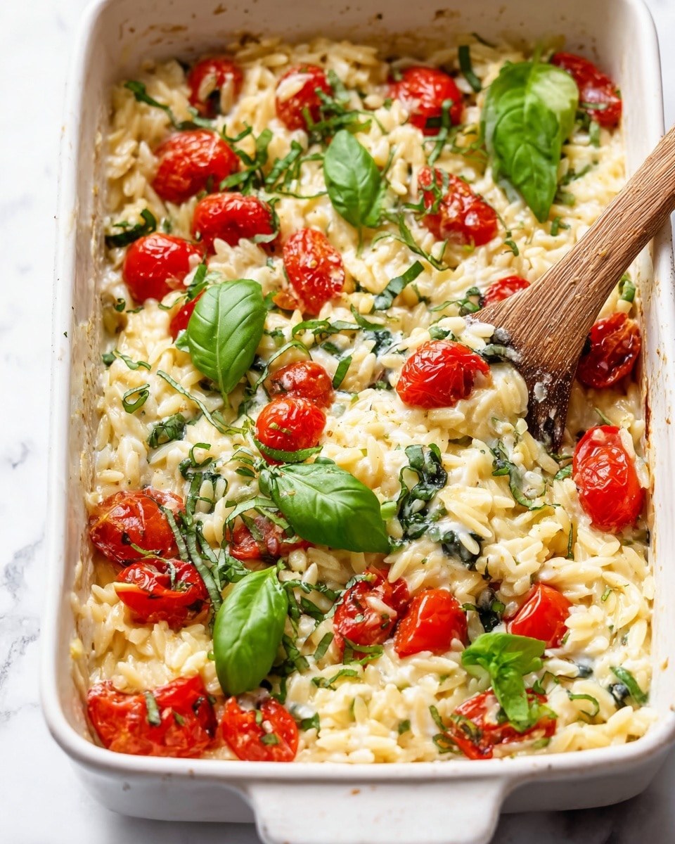 A white rectangular baking dish holds a creamy pasta bake with three visible layers: the bottom and middle layers are soft, creamy orzo pasta mixed with melted cheese, wilted green spinach, and bright red cherry tomatoes scattered throughout. The top layer is garnished with fresh green basil leaves chopped finely and a few whole leaves placed on top, along with a light sprinkle of cracked black pepper. A wooden spoon rests inside the dish on the right side, partially covered by the creamy mix. The dish is placed on a white marbled surface with some basil leaves and a small white plate with more basil in the background. Photo taken with an iphone --ar 4:5 --v 7
