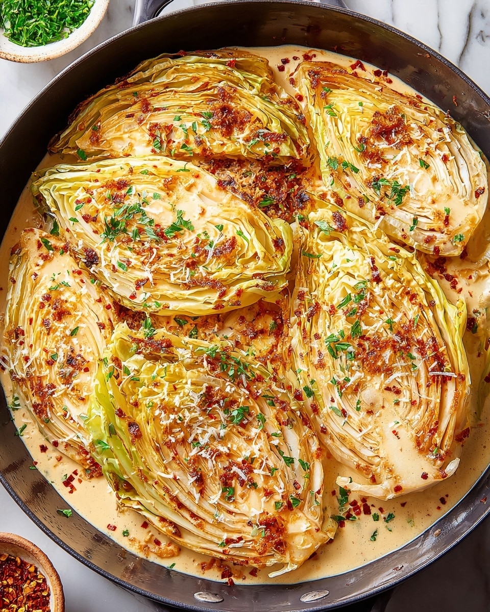 The image shows a skillet filled with four large wedge-shaped pieces of cabbage arranged neatly inside it. Each cabbage wedge reveals many pale yellow to light green layers, softened and covered with a creamy, beige sauce that pools at the bottom of the skillet. The surface of the cabbage is speckled with small bits of crispy browned edges, red pepper flakes, and finely shredded white cheese. Bright green chopped herbs, likely parsley, are sprinkled over the top, adding fresh color contrast. The skillet sits on a white marbled surface, with parts of the edge visible. photo taken with an iphone --ar 4:5 --v 7