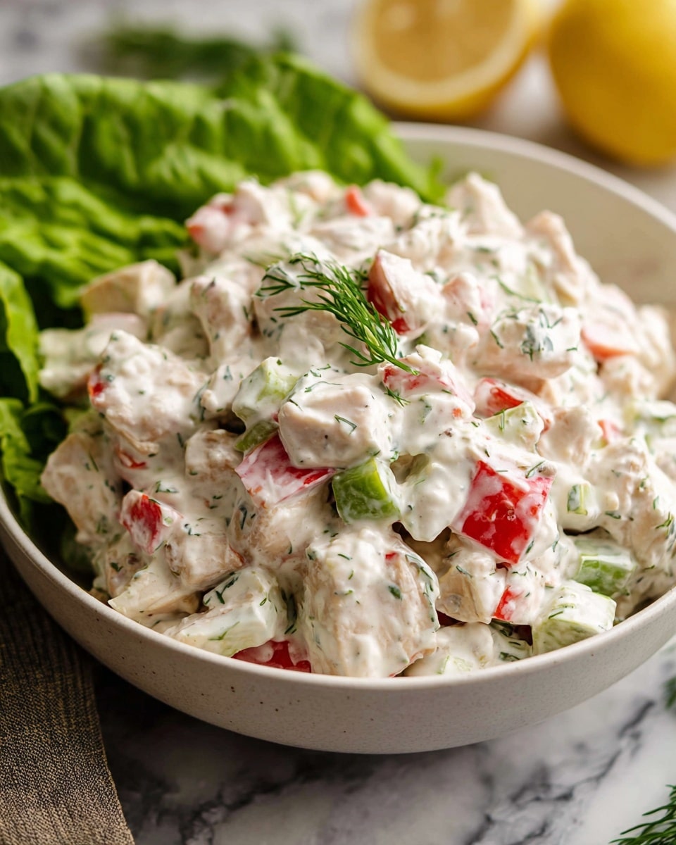 A white bowl filled with a creamy salad that has small chunks of pale chicken mixed with bright red and green diced vegetables, all coated in a thick white sauce with visible green herb flakes scattered throughout. The salad looks fresh and slightly chunky with a smooth, thick texture from the dressing. The bowl sits on a white marbled surface with some green lettuce leaves and half a lemon blurred in the background. Photo taken with an iphone --ar 4:5 --v 7