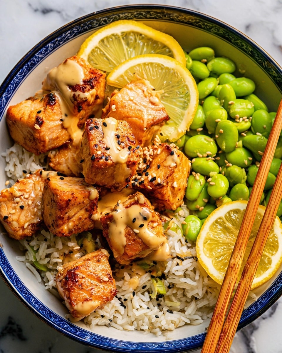 A bowl with three layers is shown: the bottom layer is white fluffy rice taking up about half the bowl on the right side, the middle layer consists of bright green edamame beans scattered mostly on the right and center, and the top layer has golden-brown grilled salmon chunks drizzled with a light brown sauce and sprinkled with sesame seeds, mostly on the left side. Two lemon wedges rest on top, one near the salmon and one near the rice. The bowl is white with a dark blue rim and a black patterned interior. Two wooden chopsticks are placed inside the bowl on the right side, with one chopstick touching a lemon wedge on the rice. The bowl sits on a white marbled surface with some sesame seeds scattered around, and a woman's hand is holding one chopstick. A slightly blurred dish with sauce and a checkered cloth are in the background. Photo taken with an iphone --ar 4:5 --v 7