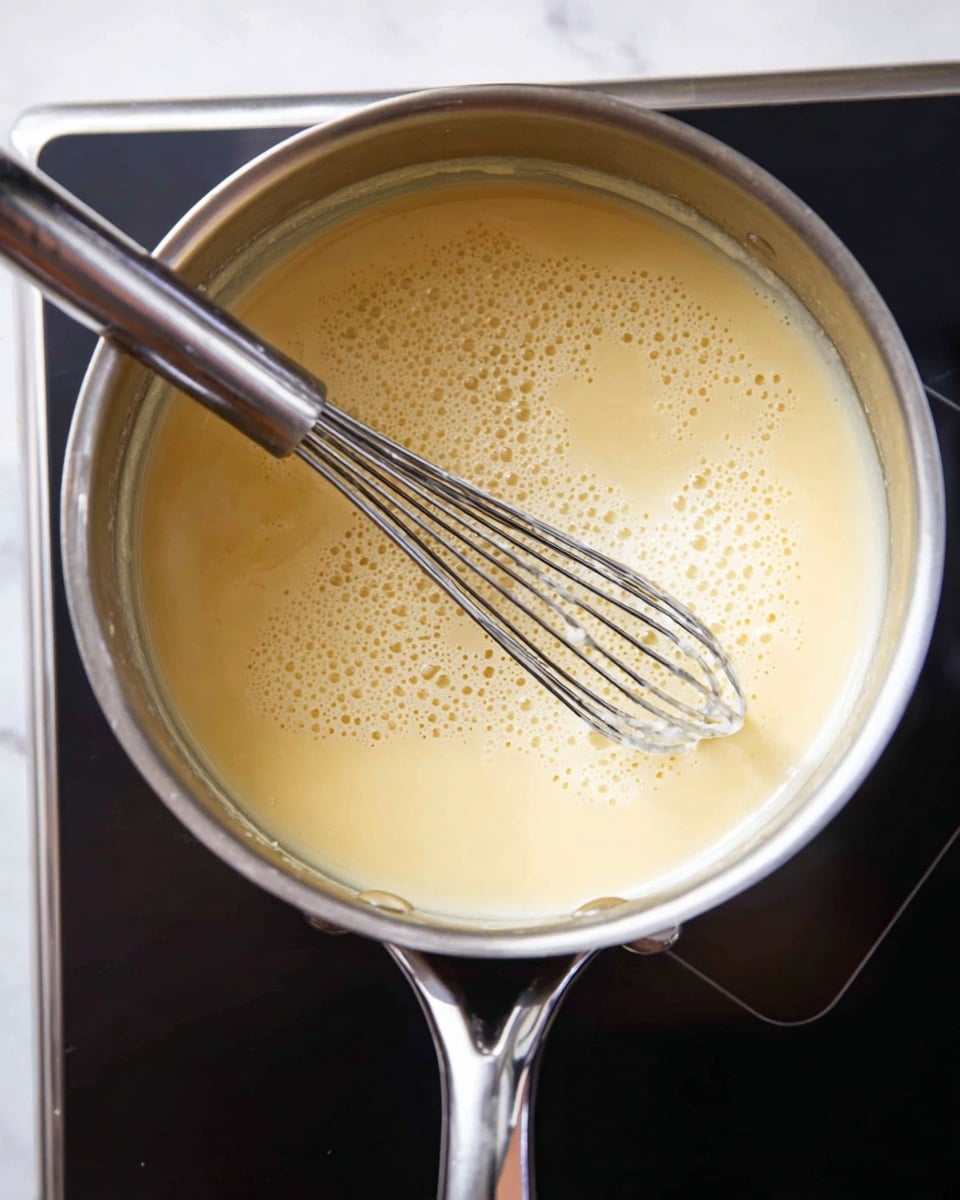 A silver pot filled with a light cream-yellow liquid that has small bubbles on the surface. Inside the pot, a metal whisk with a thin handle and wire loops is partially dipped into the liquid, stirring it. The pot sits on a black stovetop with a glossy finish. The background is a white marbled texture. photo taken with an iphone --ar 4:5 --v 7