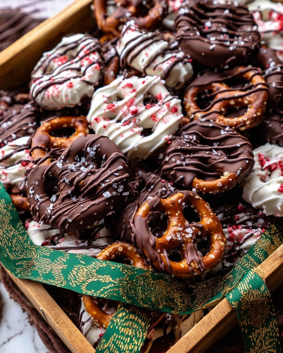A close-up view of a wooden tray filled with several pretzels covered with two types of chocolate coatings: dark brown chocolate covering most pretzels with extra drizzled dark chocolate lines on top, and some white chocolate-coated pretzels sprinkled with small red candy pieces. The dark chocolate pretzels are sprinkled with coarse white sea salt flakes. The tray is decorated with a green and gold patterned ribbon that weaves among the pretzels, and the background shows a white marbled texture partly visible around the edges. Photo taken with an iphone --ar 4:5 --v 7