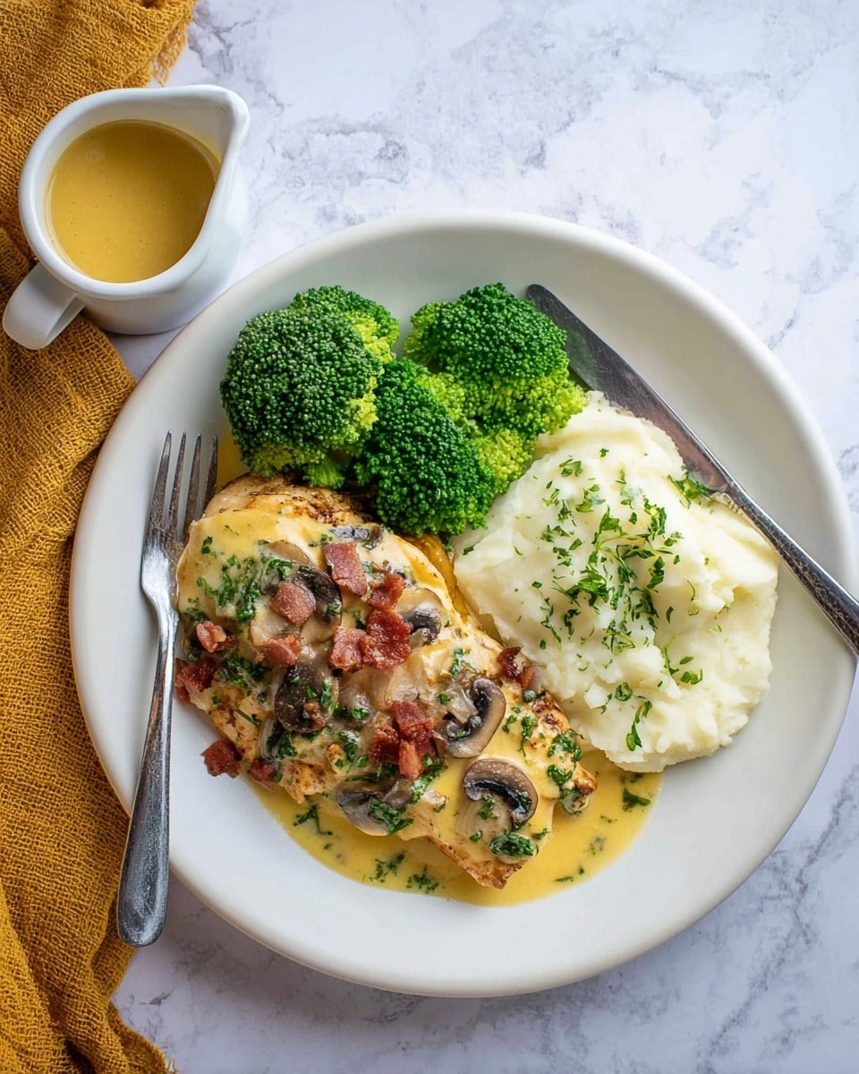 A white plate with three main sections: one has a creamy yellow layer of cooked chicken topped with melted cheese, browned mushroom slices, small pieces of bacon, and green herbs sprinkled over; another section contains bright green steamed broccoli with a firm texture; the last section holds smooth, white mashed potatoes with a dash of green herbs on top. Next to the mashed potatoes is a small white round bowl filled with yellow gravy. A silver fork and knife rest on the top left edge of the plate, which is placed on a white marbled surface with a mustard yellow cloth nearby. Photo taken with an iphone --ar 4:5 --v 7