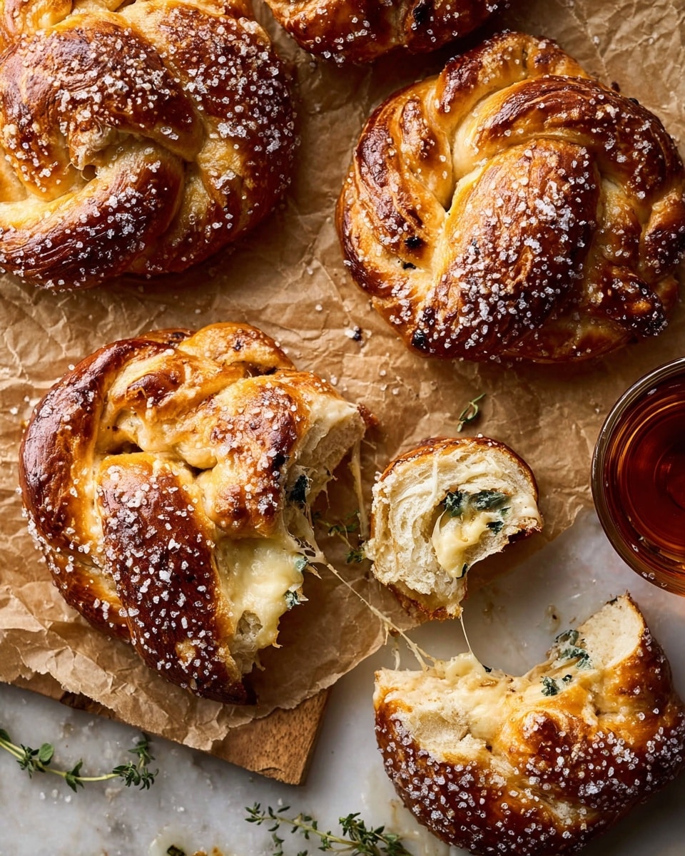 The image shows several round, twisted soft pretzels with a shiny golden-brown crust sprinkled with coarse white salt on brown parchment paper over a white marbled texture. Each pretzel has a light, fluffy inside with some green leafy herbs visible in the dough layers. One pretzel is broken apart to reveal its airy, soft texture with melted cheese pooling slightly at the edges, which look crisp and golden. There is a glass cup filled with a dark amber liquid near the pretzels, and small green herb sprigs are scattered around for decoration. photo taken with an iphone --ar 4:5 --v 7