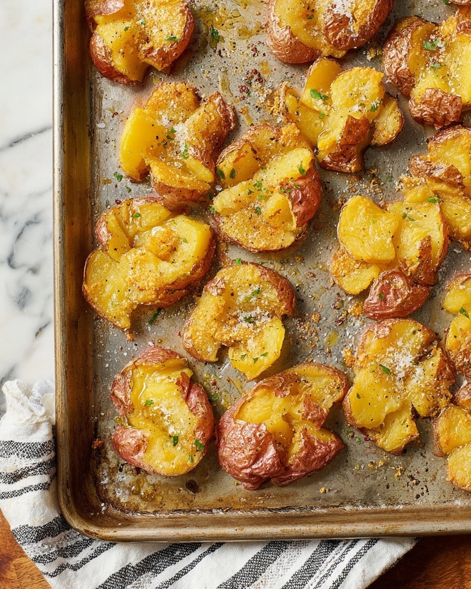 The image shows a metal baking tray filled with smashed roasted potatoes. Each potato is spread flat with a crisp golden brown skin layer on top, some skins having a reddish-brown color while others are more yellow-golden. The inner potato flesh beneath the skin is soft and pale yellow, slightly uneven from being smashed. The potatoes are sprinkled with coarse salt, black pepper, and small bits of green herbs. The tray has a worn look with baked-on bits and a warm metallic shine, resting on a white marbled surface with a striped cloth partially visible under one side. Photo taken with an iphone --ar 4:5 --v 7