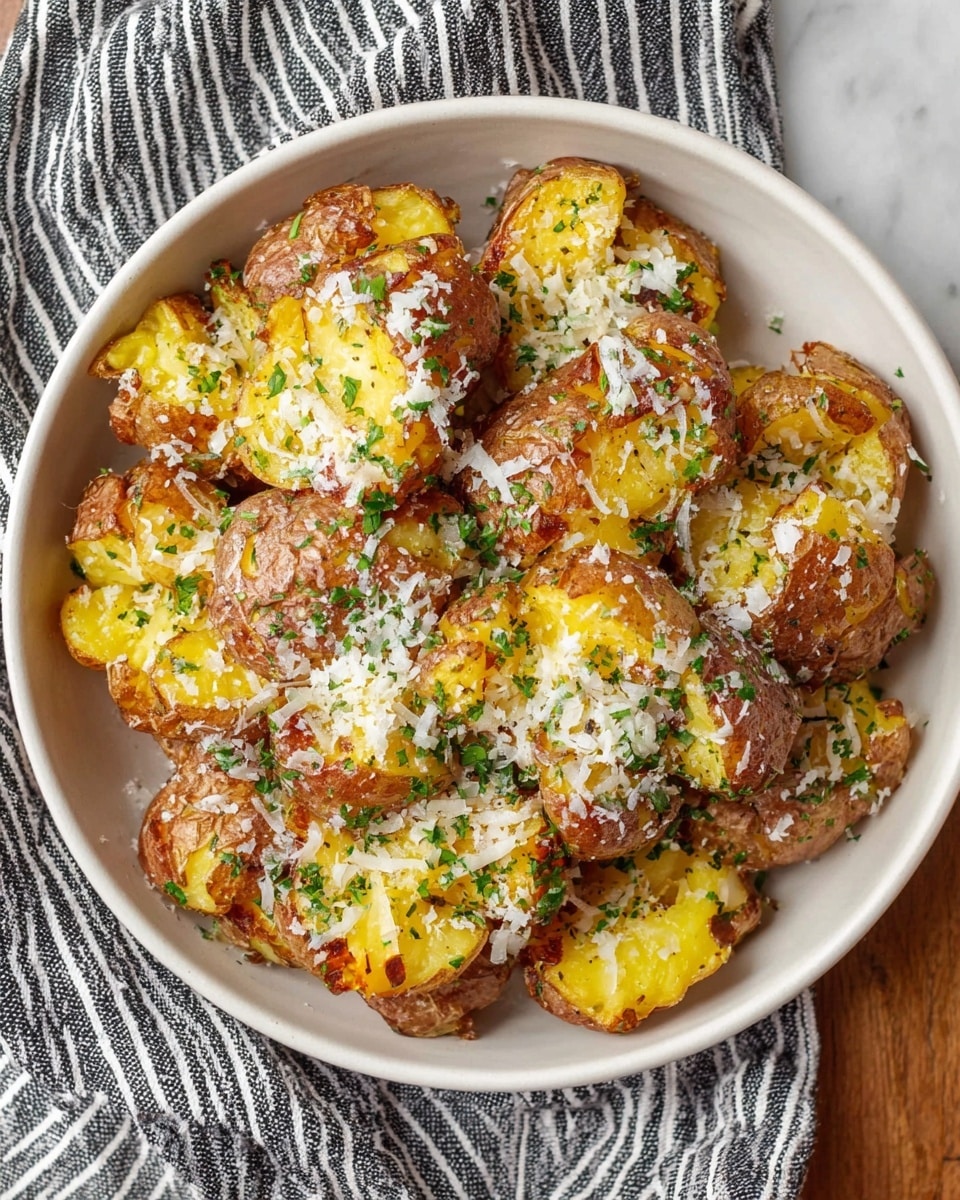 A white bowl filled with several smashed cooked potatoes that have a golden brown, crispy texture on the outside and soft yellow inside. The potatoes are topped with finely grated white cheese scattered evenly and small pieces of green herbs sprinkled all over. The bowl sits on a white marbled surface, with a black and white striped cloth partially visible beside it. Photo taken with an iphone --ar 4:5 --v 7