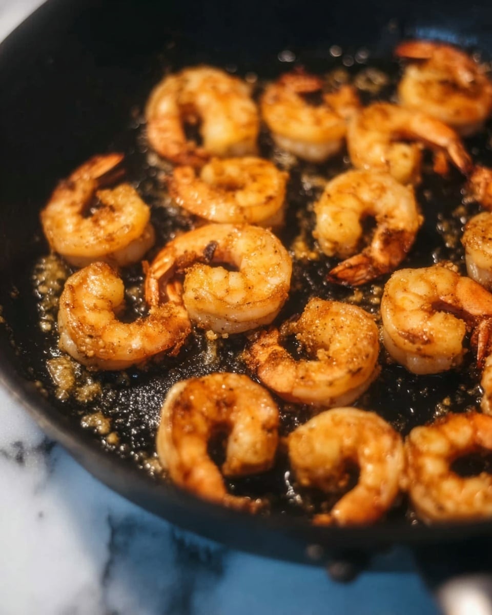 In a close-up view, a black frying pan holds a single layer of small, curled shrimp cooking in oil, giving them a shiny, golden brown look. The shrimp are evenly spaced and appear to have a light seasoning. The background around the pan is a white marbled surface. Photo taken with an iphone --ar 4:5 --v 7