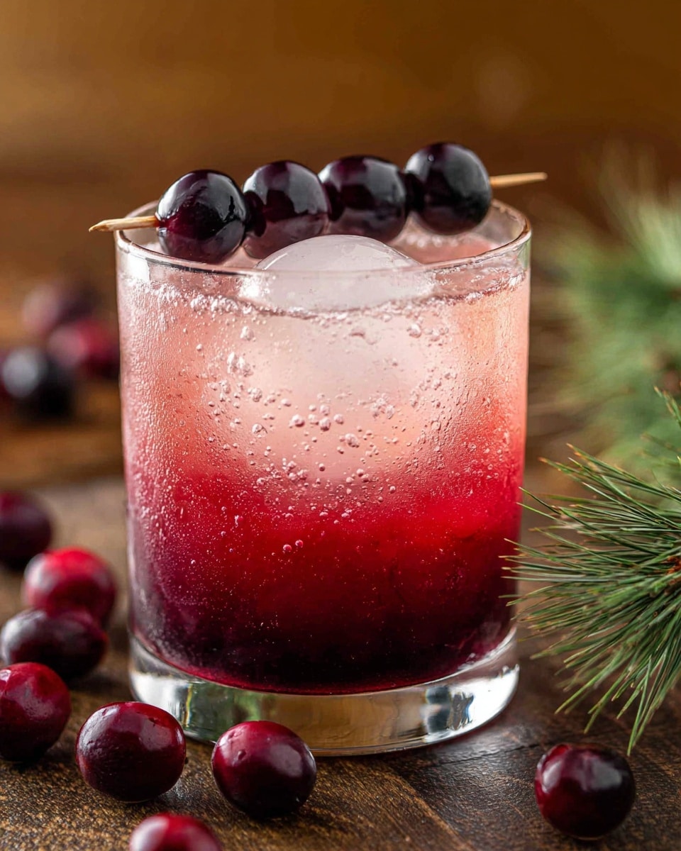 A clear glass holds a drink with two color layers: a deep red layer at the bottom and a lighter pink layer above it, filled with small bubbles. Inside the drink is a large, round ice cube near the center. On top of the glass rim, there is a skewer holding four dark purple cherries. The glass sits on a wooden surface with scattered dark red cherries around it and a small green pine branch nearby. The background has soft, warm brown tones. photo taken with an iphone --ar 4:5 --v 7