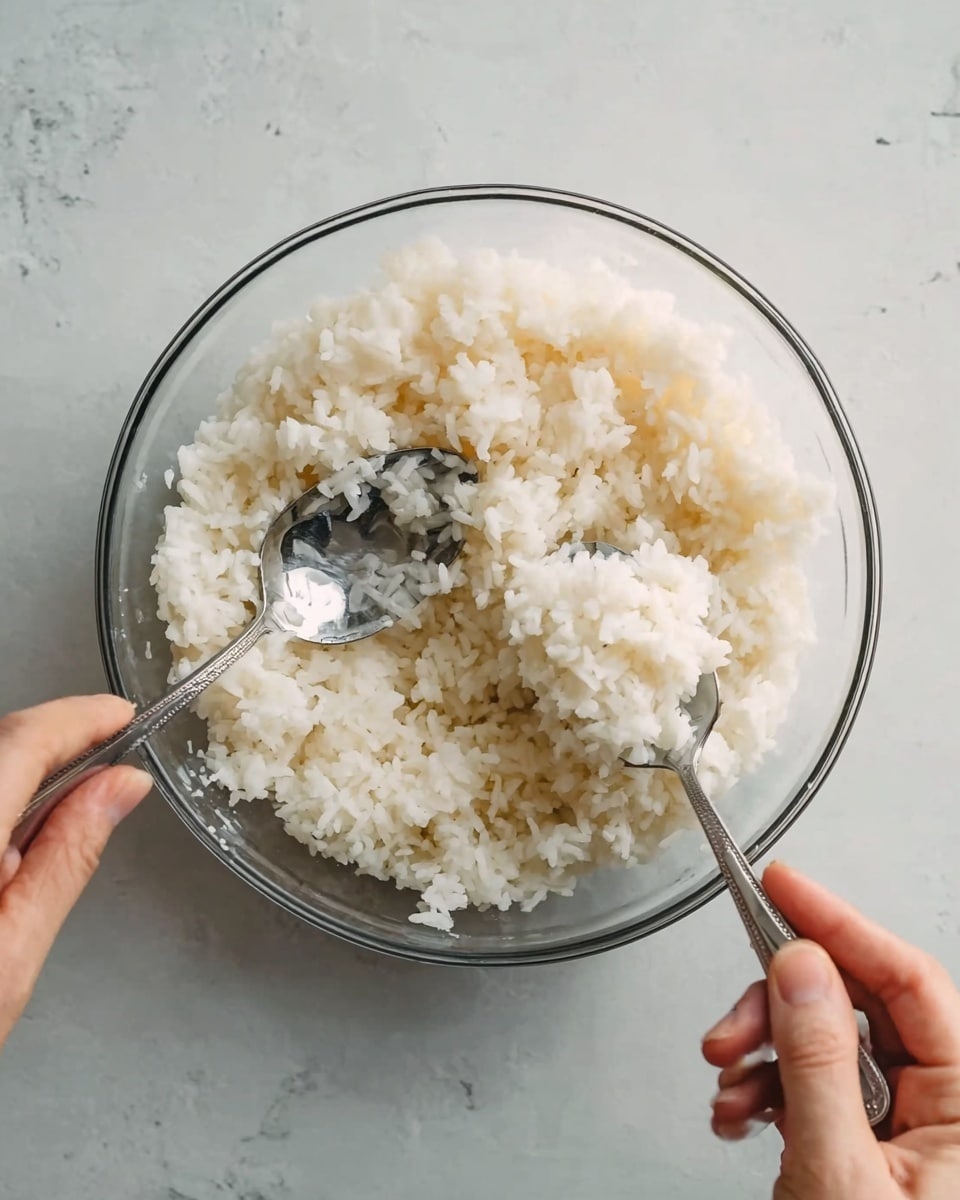 A clear glass bowl filled with cooked white rice, showing a soft and fluffy texture with some grains sticking gently together. Inside the bowl, a silver spoon is placed on the left side, while a woman's hand holds another silver spoon on the right, scooping a portion of the rice. The bowl is set on a white marbled surface, which adds a subtle clean and bright background to the image. Photo taken with an iphone --ar 4:5 --v 7