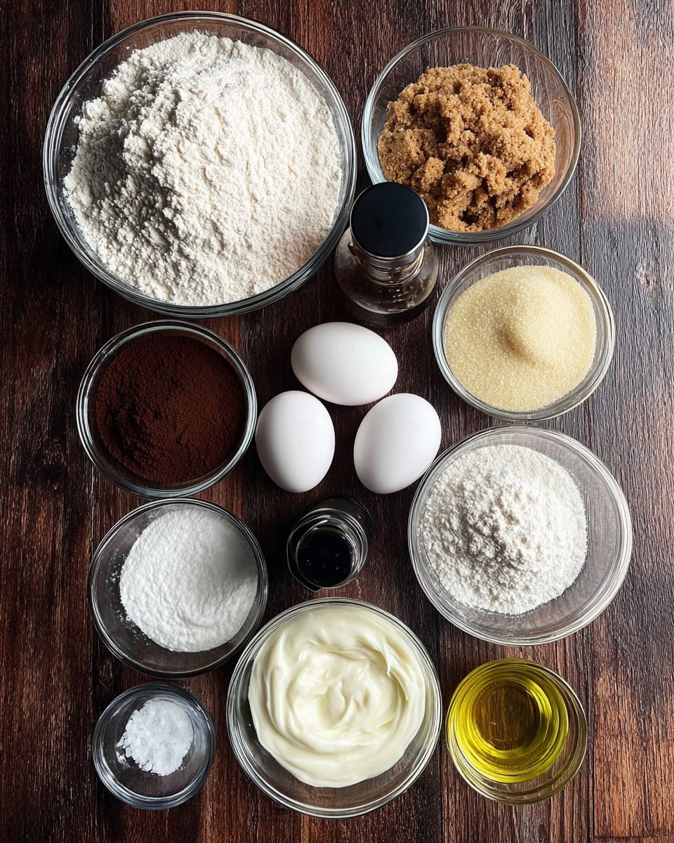 The image shows a top view of various baking ingredients arranged neatly on a dark wooden surface. At the top center, there is a large clear glass bowl filled with white flour. To its right, a smaller clear glass bowl holds light brown sugar with a crumbly texture. Below the flour bowl, there is a bowl filled with white granulated sugar, and next to it on the left side is a bowl with dark cocoa powder. Two whole white eggs sit between the sugar and cocoa powder bowls. Below the eggs, a bowl of thick white yogurt is placed. To the right of the eggs and sugar, a small glass bowl contains light yellow oil. There is another small clear bowl with white baking powder near the oil. A small dark bottle of vanilla extract is placed below the oil bowl, and on the left side of the yogurt bowl is a black coffee maker. The background has been changed to a white marbled texture. Photo taken with an iphone --ar 4:5 --v 7