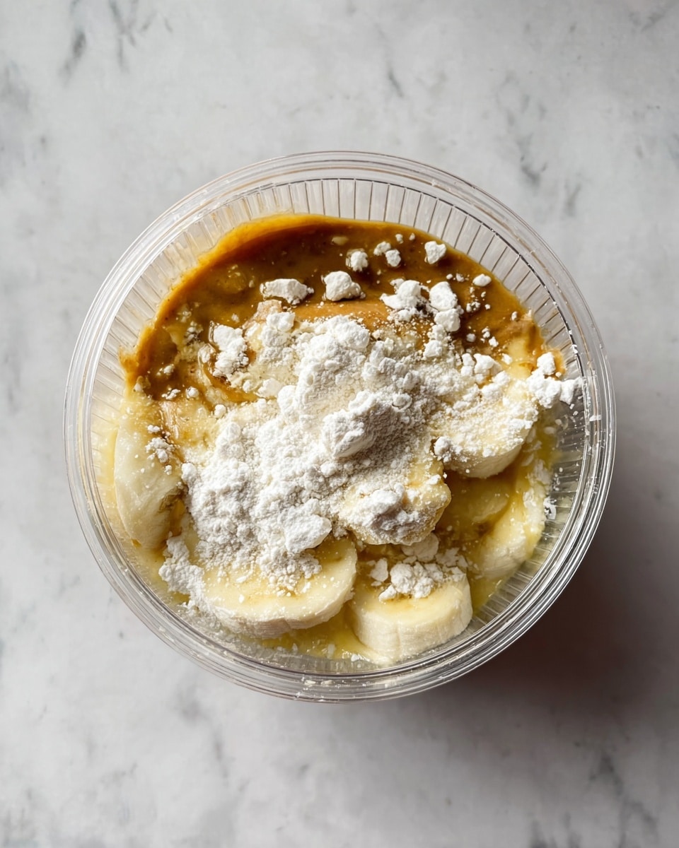 A clear round container holds a mix of ingredients from a top view, showing three main layers: the bottom layer is pale yellow banana slices, the middle layer is light brown honey spread loosely over the banana, and the top layer is uneven white flour sprinkled across the honey and banana, with some small clumps. The container has vertical ridges and sits on a white marbled surface. photo taken with an iphone --ar 4:5 --v 7