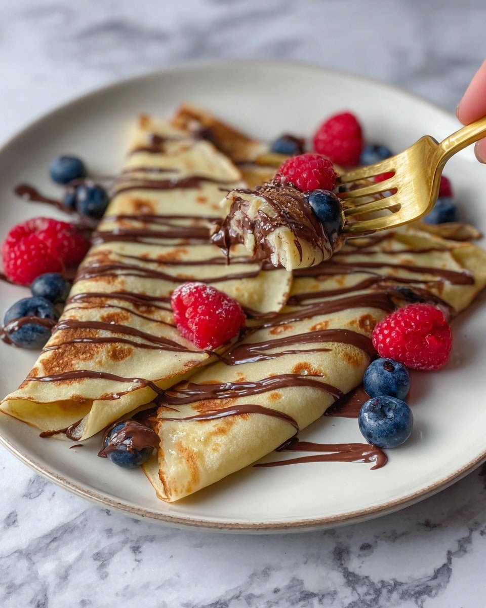 A white plate holds three folded thin crepes with light golden brown spots, each crepe drizzled with smooth, dark chocolate sauce in thin lines across the top. Fresh red raspberries and deep blue blueberries are scattered delicately on and around the crepes. A woman's hand holds a gold fork that lifts a small piece of the crepe, showing soft melted chocolate inside. The scene sits on a white marbled surface. photo taken with an iphone --ar 4:5 --v 7