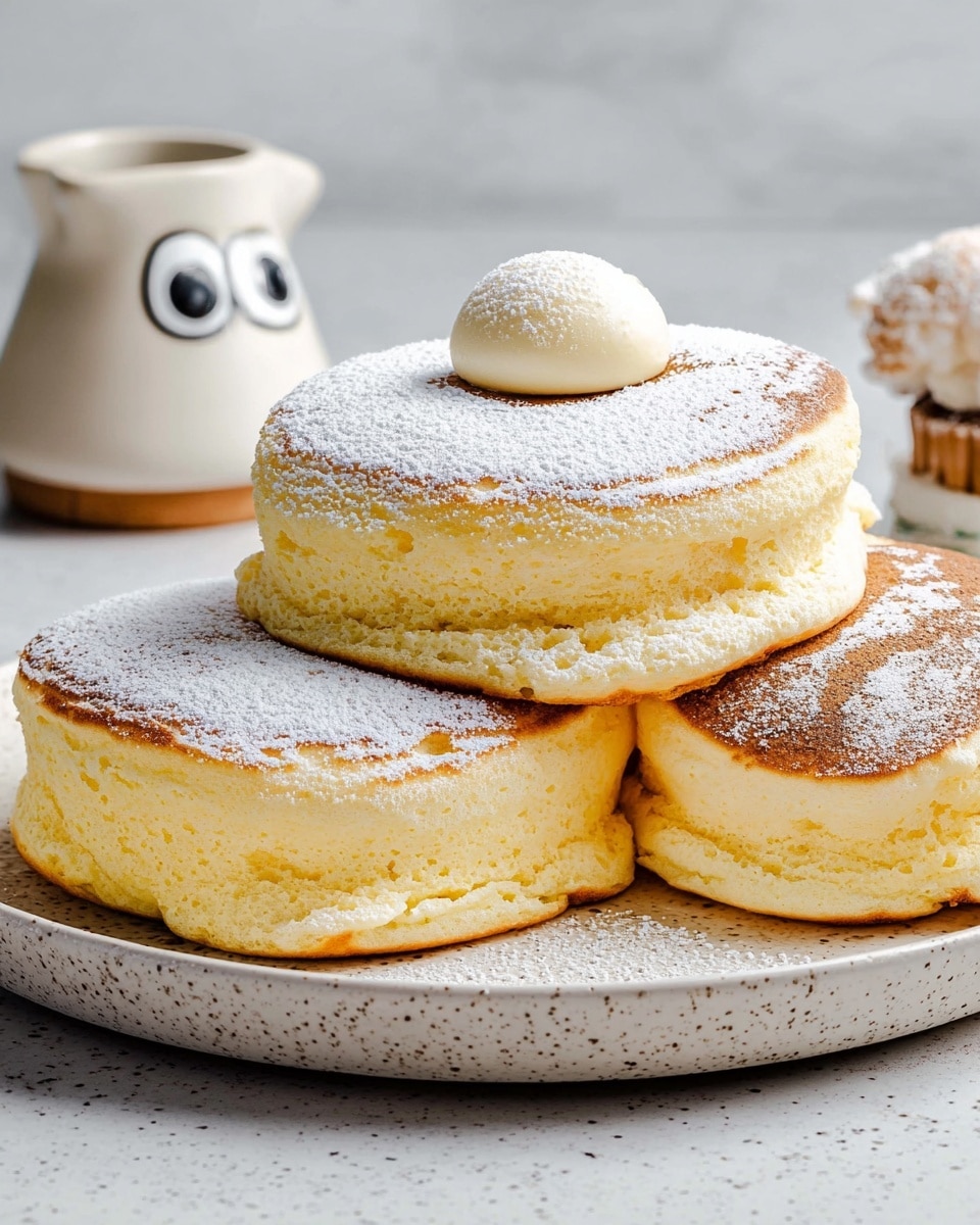 Three thick, fluffy pancakes are stacked on a white speckled plate, each pancake showing a golden-brown top and pale yellow sides with a soft, airy texture. The top pancake is dusted heavily with white powdered sugar and topped with a small round scoop of creamy butter in the center. In the background, there is a small white ceramic pitcher and a container with a googly eye, all set on a white marbled surface. Photo taken with an iphone --ar 4:5 --v 7