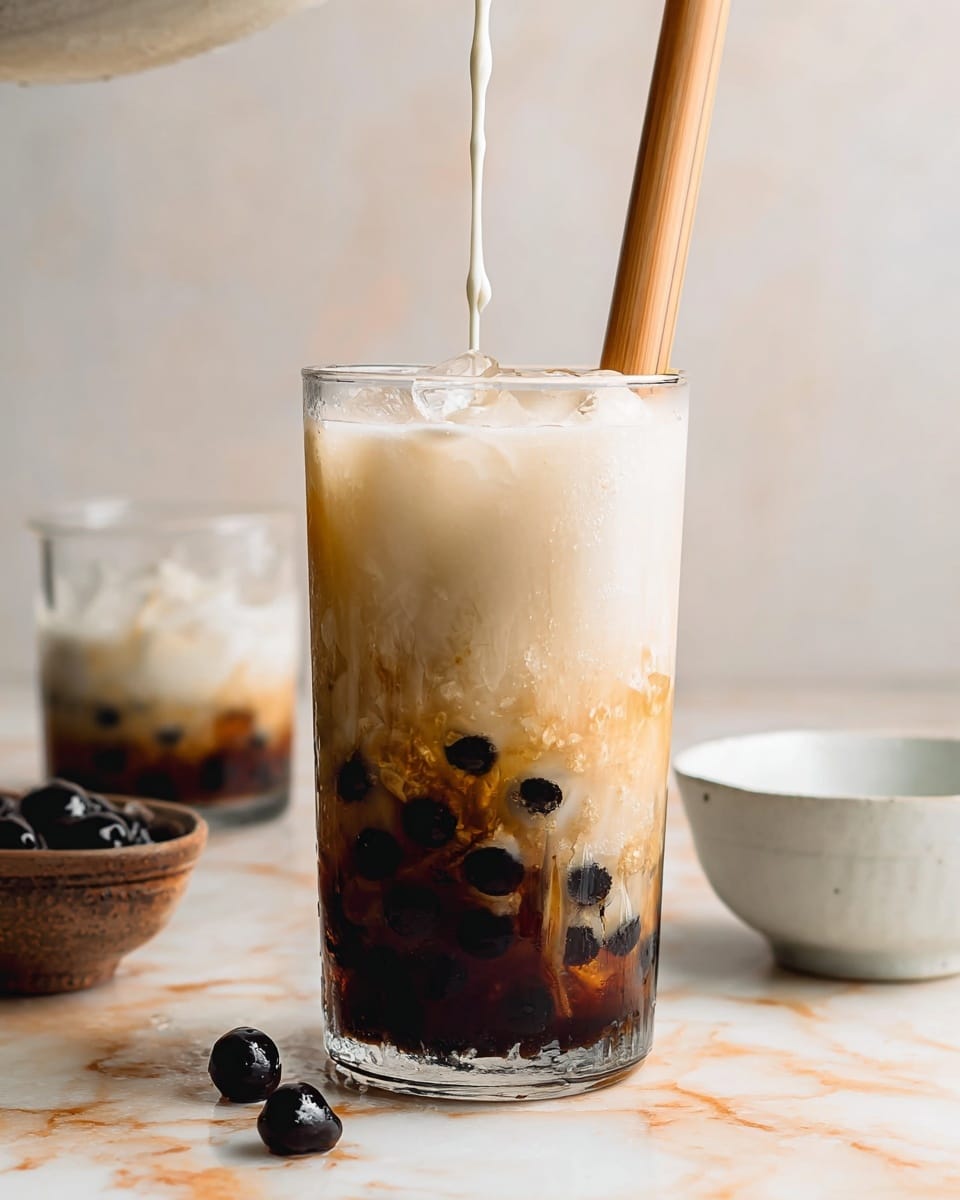 The image shows a tall clear glass filled with three main layers: dark brown tapioca pearls at the bottom, a middle layer of black iced tea with some ice cubes, and a creamy white milk layer being poured on top, blending softly with the tea below. Inside the glass is a light brown reusable straw, extending above the drink. The glass sits on a surface with a white marbled texture, with a few black tapioca pearls scattered in front. In the blurred background, there is another glass with a similar drink but less milk and two small white ceramic bowls, one partially visible on the right side. photo taken with an iphone --ar 4:5 --v 7