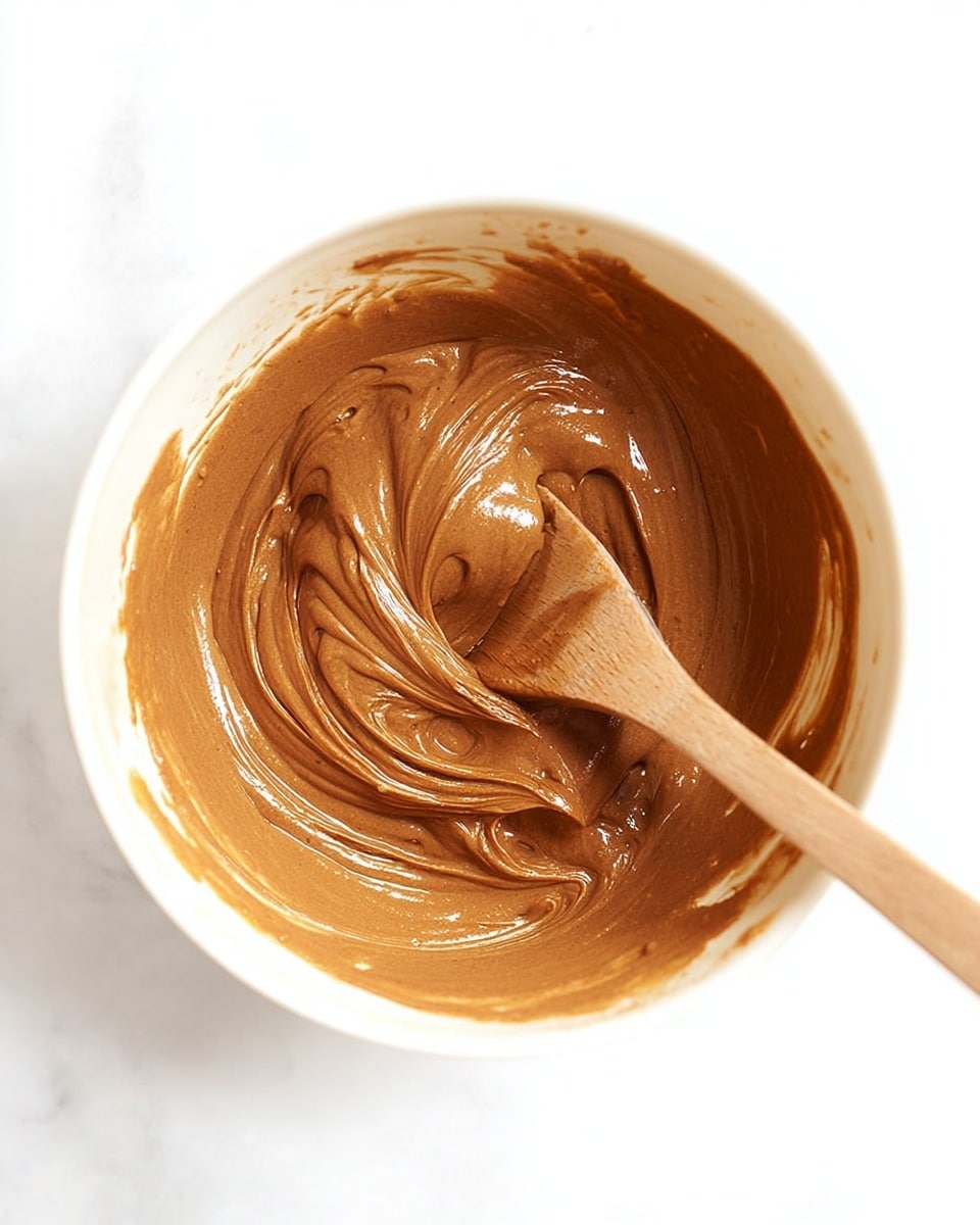 A white bowl holds a smooth, creamy brown mixture that is thick and swirled around the sides. A wooden spoon rests inside the bowl, partially covered with the brown mixture, showing soft, whipped texture with shiny, wet spots reflecting light. The bowl is placed on a white marbled surface, adding a clean and bright background to the image. Photo taken with an iphone --ar 4:5 --v 7