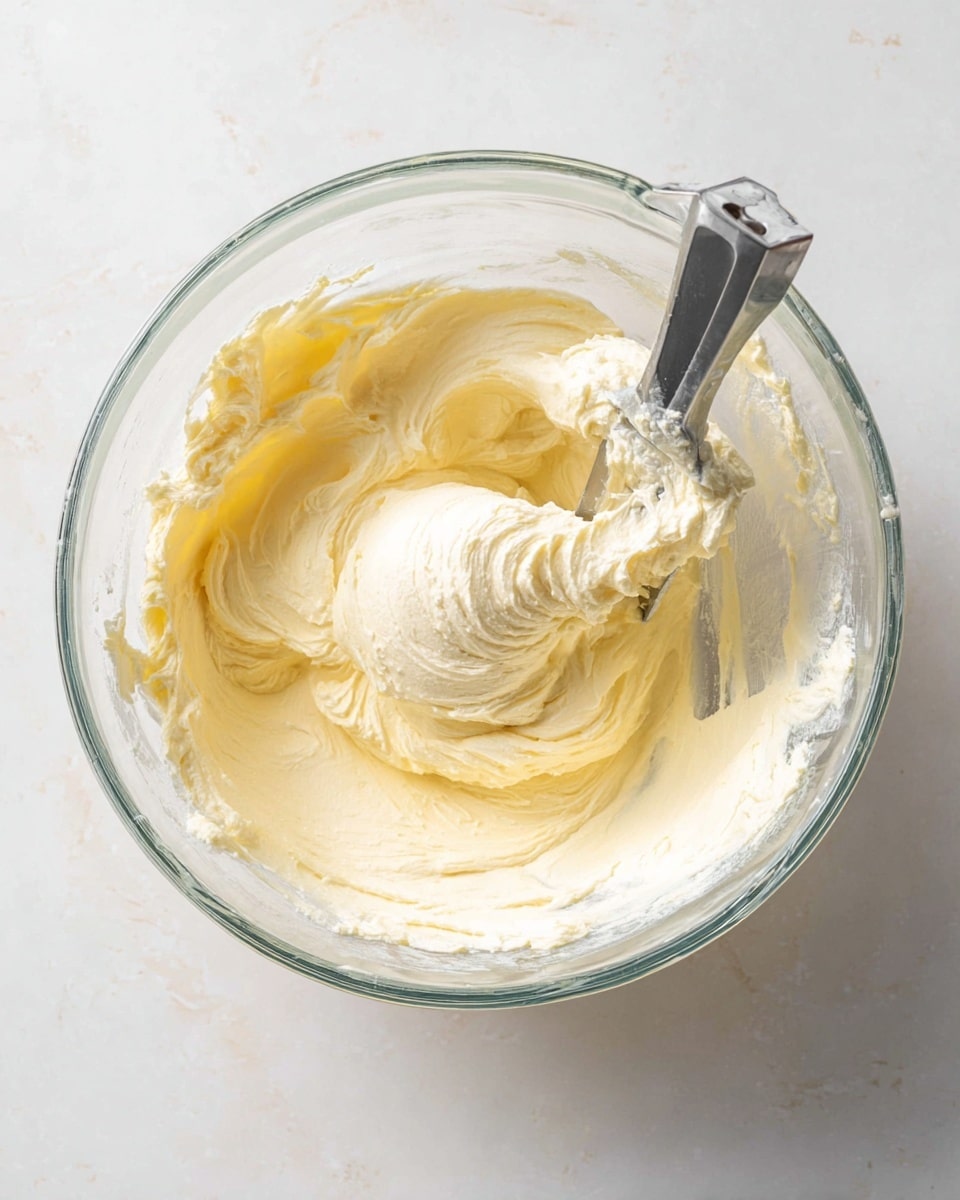 A clear glass mixing bowl filled with smooth, creamy light yellow batter with soft, whipped texture, showing gentle swirls and peaks. A metal mixing blade sits in the center, partially covered by the batter, giving a sense of thick, fluffy consistency. The bowl rests on a white marbled surface visible around the edges, with soft natural light highlighting the batter's smoothness and light shadows framing the bowl. photo taken with an iphone --ar 4:5 --v 7