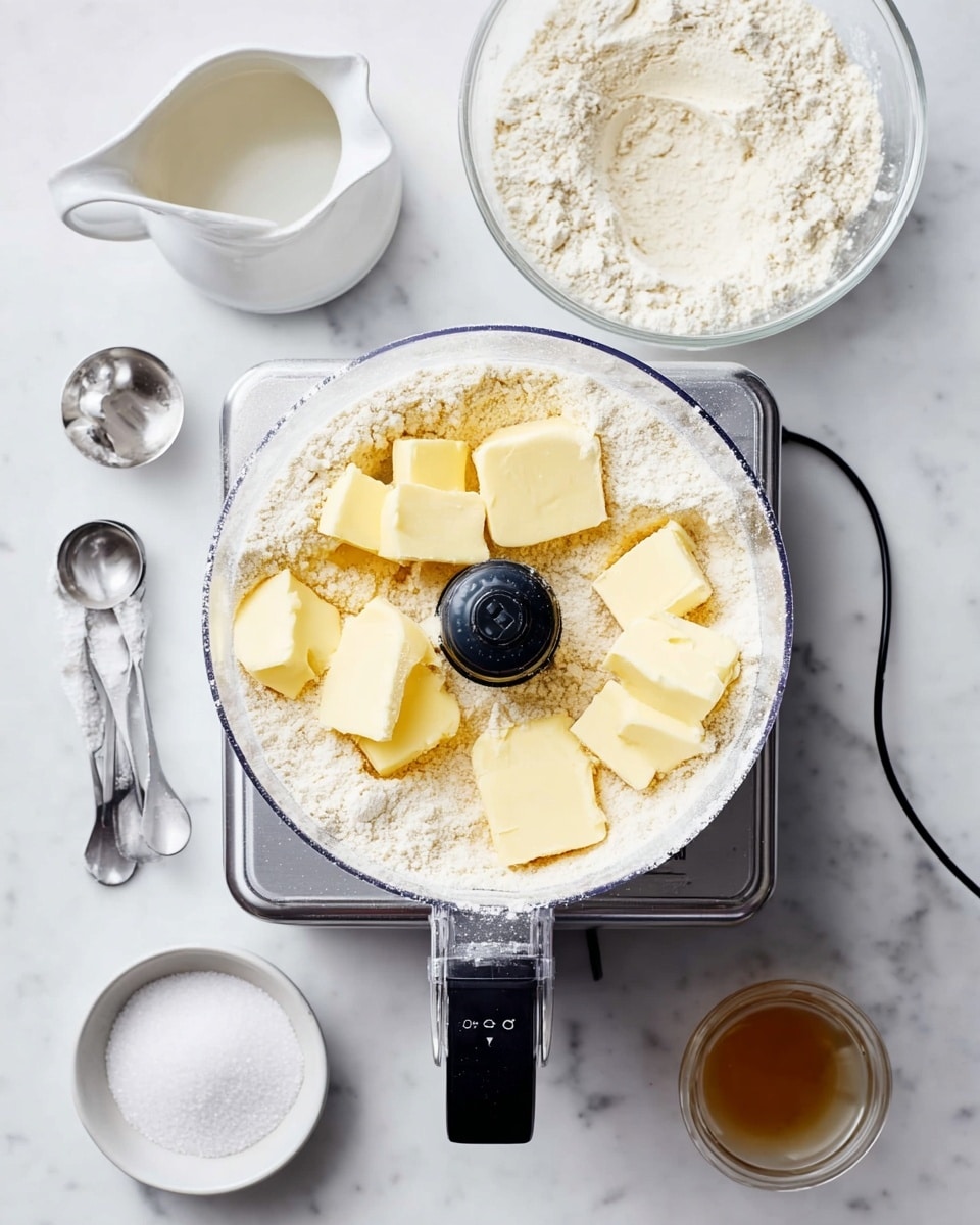 A clear food processor bowl is filled with a white flour mixture at the bottom, topped with several pale yellow butter pieces scattered evenly across the surface. The bowl sits on a silver base with a black cord plugged in. Around the processor, there are four different bowls and spoons: a white small pourer with a white liquid on the top left, a glass bowl with flour and a black spatula on the bottom left, two silver measuring spoons below the processor, a white bowl filled with white granulated sugar on the bottom center, and a small glass bowl with a light brown liquid on the bottom right. All items rest on a clean white marbled surface. photo taken with an iphone --ar 4:5 --v 7