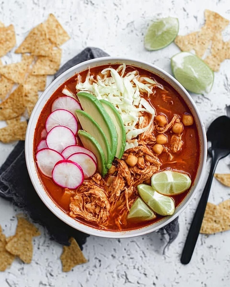 A bowl of red soup with shredded chicken and chickpeas on one side, topped with sliced avocado, thinly sliced cabbage, thin round slices of radish, and lime wedges arranged neatly on the other side. The bowl is white and placed on a white marbled surface with a black spoon resting beside it. Around the bowl, there are tortilla chips and more lime wedges scattered lightly. The photo taken with an iphone --ar 4:5 --v 7