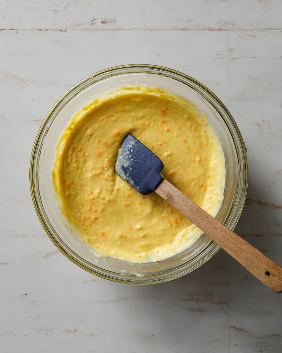 A clear glass bowl filled with a yellow batter that has small orange specks mixed in, giving it a slightly textured look. Inside the bowl, resting on the right side, is a spatula with a wooden handle and a dark blue silicone head that is partly covered with the batter. The bowl is sitting on a white marbled surface with visible faint veins and soft shadows around the bowl edges that show natural light from above. Photo taken with an iphone --ar 4:5 --v 7