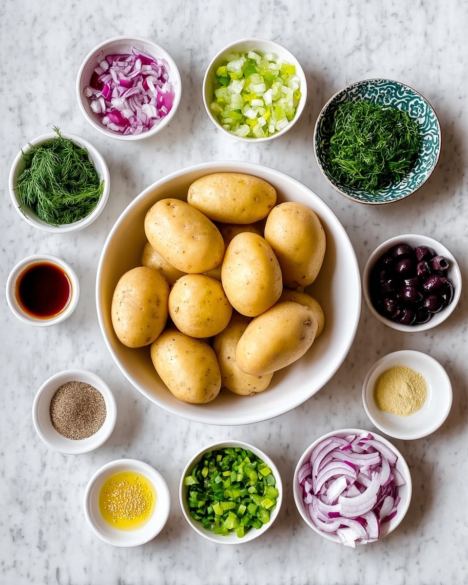 The image shows a white bowl in the center filled with several whole yellow potatoes with smooth skins. Around the bowl, there are small white bowls placed on a white marbled surface, each containing different ingredients: chopped fresh dill with green feathery texture, chopped red onions with purple and white pieces, sliced green onions with light and dark green rings, chopped fresh parsley in a patterned bowl, whole dark olives, minced yellow garlic, ground black pepper, coarse salt, dried herbs, smooth golden mustard, a deep reddish-brown liquid, and a light golden oil. The layout is neat and organized, highlighting the colors and textures of each ingredient. Photo taken with an iphone --ar 4:5 --v 7