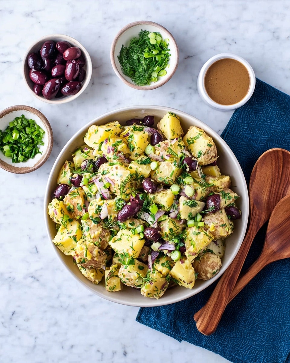A large white bowl filled with a potato salad made of chunky yellow potato pieces mixed with dark purple olive slices, chopped green herbs like dill and parsley, and light green onion slices, all scattered evenly throughout. Around the bowl, there are three small white bowls containing more dark purple olives, chopped green herbs, and a thick brown dressing. On the right side, a pair of wooden spoons rest on a dark blue cloth napkin. The whole scene is set on a white marbled surface. photo taken with an iphone --ar 4:5 --v 7