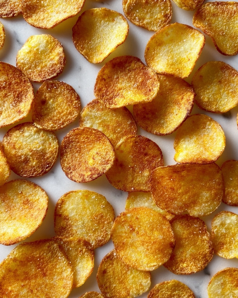 This image shows many thin, round chips spread out flat on a white marbled surface. Each chip has a golden-yellow color with crispy, slightly bubbly textures and edges browned to a deeper golden or light brown. The chips vary slightly in shape, some near-perfect circles and others with small dents or slight irregularities. The surface of each chip has a mix of fine salt grains and a light, crunchy texture. Photo taken with an iphone --ar 4:5 --v 7