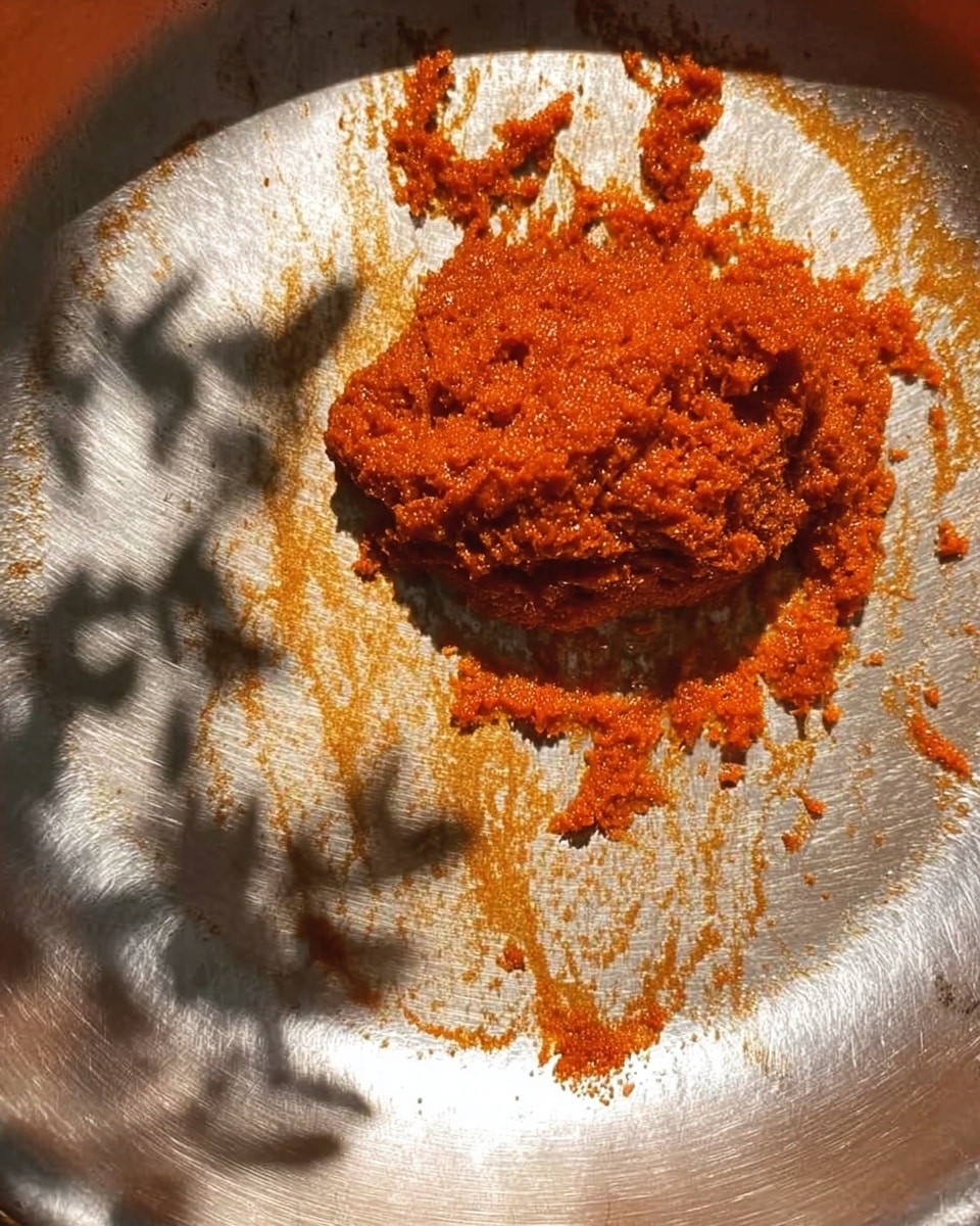 A close-up of a silver metal pan showing a single mound of reddish-orange, thick paste-like mixture placed slightly off-center. Around the mound, there are streaks and small drops of the same reddish-orange mixture scattered unevenly on the pan's surface. Shadows of leaves or branches cast a pattern over the pan, adding a dappled effect of light and shadow. The texture of the paste looks coarse and dense. The background visible inside the pan is silver and shiny. photo taken with an iphone --ar 4:5 --v 7