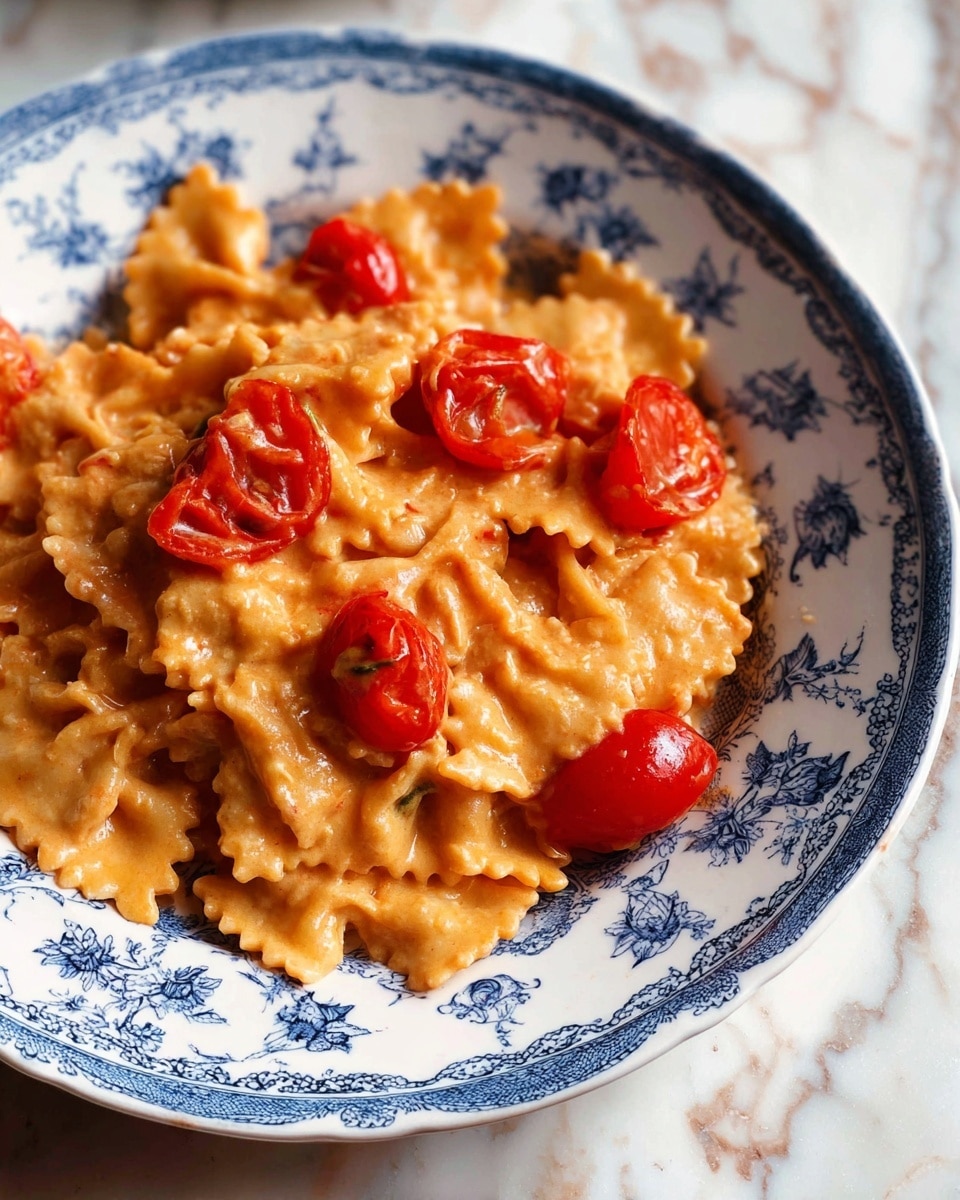 The image shows a close-up of a plate filled with pasta that has a wavy, curly edge, coated in a creamy orange sauce. Scattered throughout the pasta are bright red cooked cherry tomatoes, adding pops of color. The pasta sits on a white plate with intricate blue floral patterns around the rim. The setting surface is a white marbled texture. Photo taken with an iphone --ar 4:5 --v 7