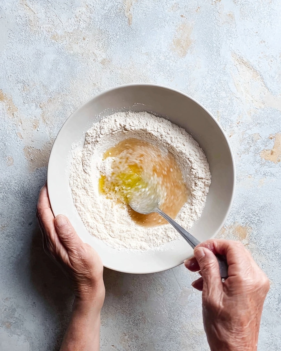 A pair of woman's hands is holding a white bowl over a white marbled surface. Inside the bowl, there is a layer of white flour with a shallow well in the center. In the well, a fizzy, light brown liquid with a small pool of yellow oil on top is being mixed with a spoon held by one of the woman's hands, creating a swirling motion that blends the wet ingredients with the dry flour. The background is a worn white marbled texture. Photo taken with an iphone --ar 4:5 --v 7
