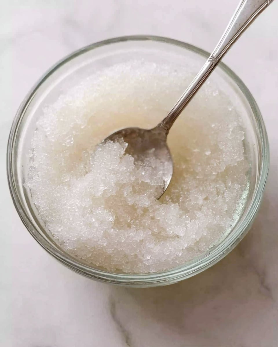 The image shows a clear glass bowl filled with a thick, translucent mixture that looks icy or grainy in texture. A silver spoon is partially dipped into the mixture with its thin handle leaning out of the bowl. The bowl is placed on a white marbled surface, and the overall color tone is light and neutral, focusing on the frosted look of the mixture inside the bowl. Photo taken with an iphone --ar 4:5 --v 7